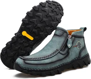 Men's Hand Stitching Leather Slip On Ankle Boots Side Zipper Casual Comfort Moccasin Chukka Boots Outdoor Walking Loafers for Working Driving Hiking