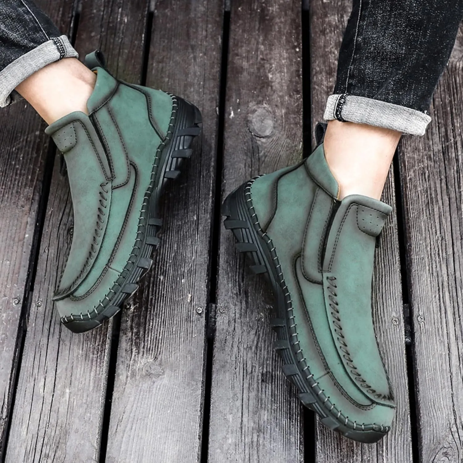 Men's Hand Stitching Leather Slip On Ankle Boots Side Zipper Casual Comfort Moccasin Chukka Boots Outdoor Walking Loafers for Working Driving Hiking