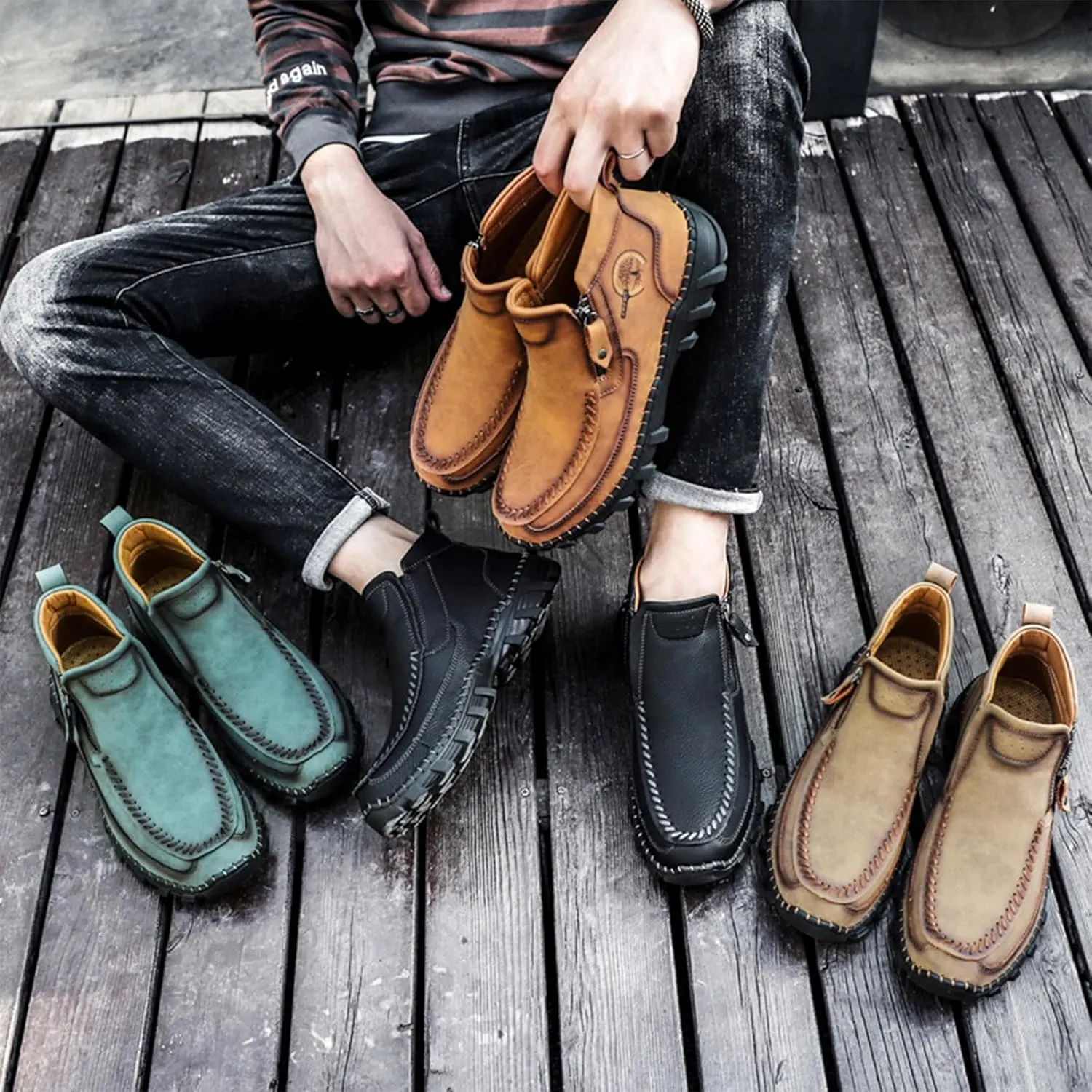 Men's Hand Stitching Leather Slip On Ankle Boots Side Zipper Casual Comfort Moccasin Chukka Boots Outdoor Walking Loafers for Working Driving Hiking
