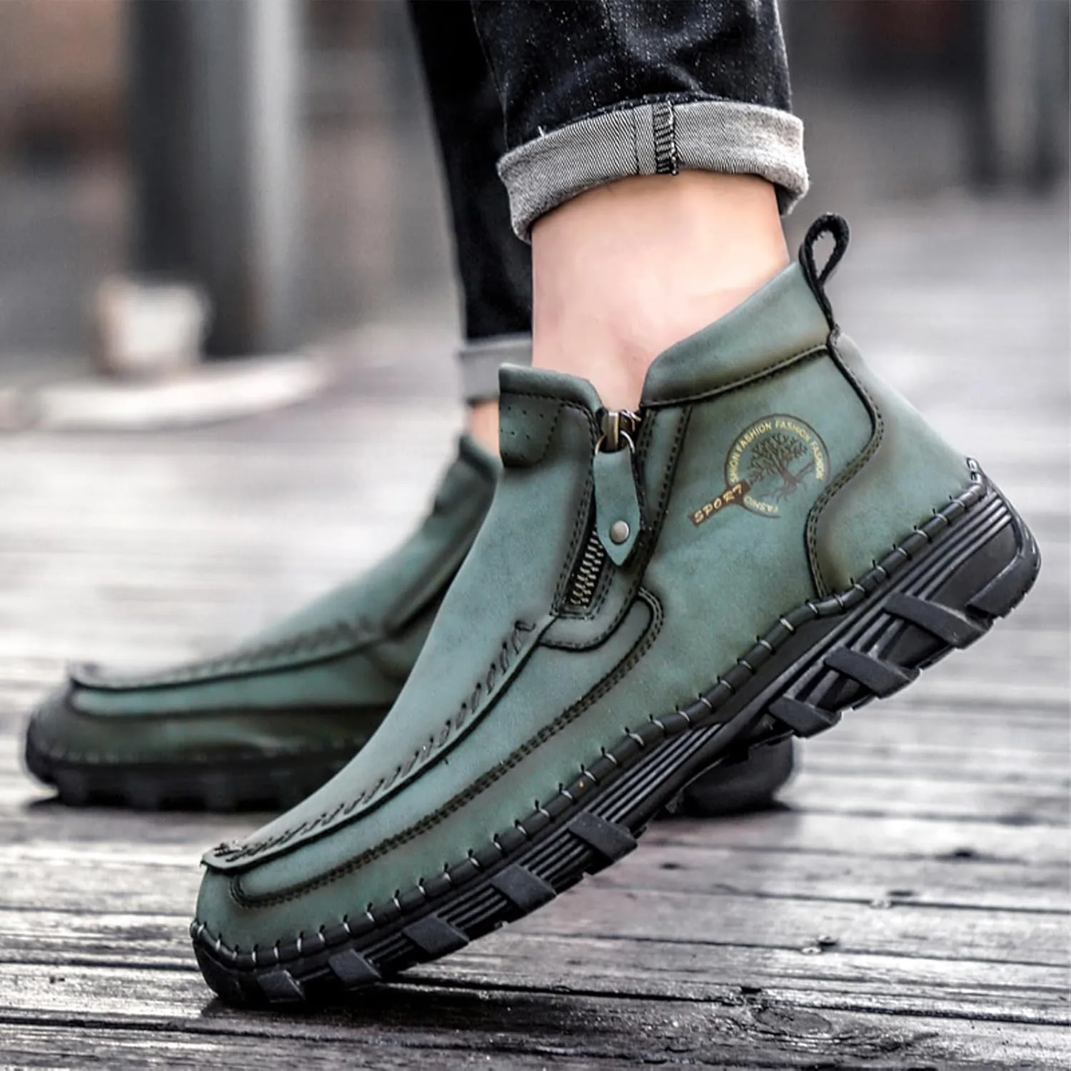 Men's Hand Stitching Leather Slip On Ankle Boots Side Zipper Casual Comfort Moccasin Chukka Boots Outdoor Walking Loafers for Working Driving Hiking