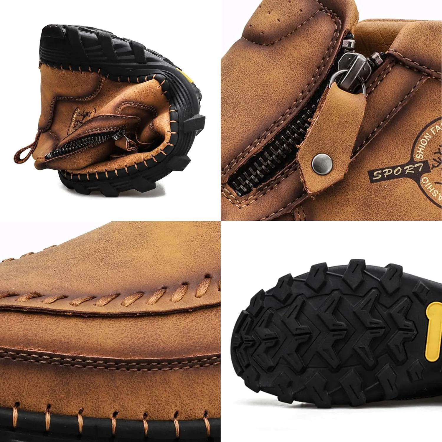 Men's Hand Stitching Leather Slip On Ankle Boots Side Zipper Casual Comfort Moccasin Chukka Boots Outdoor Walking Loafers for Working Driving Hiking