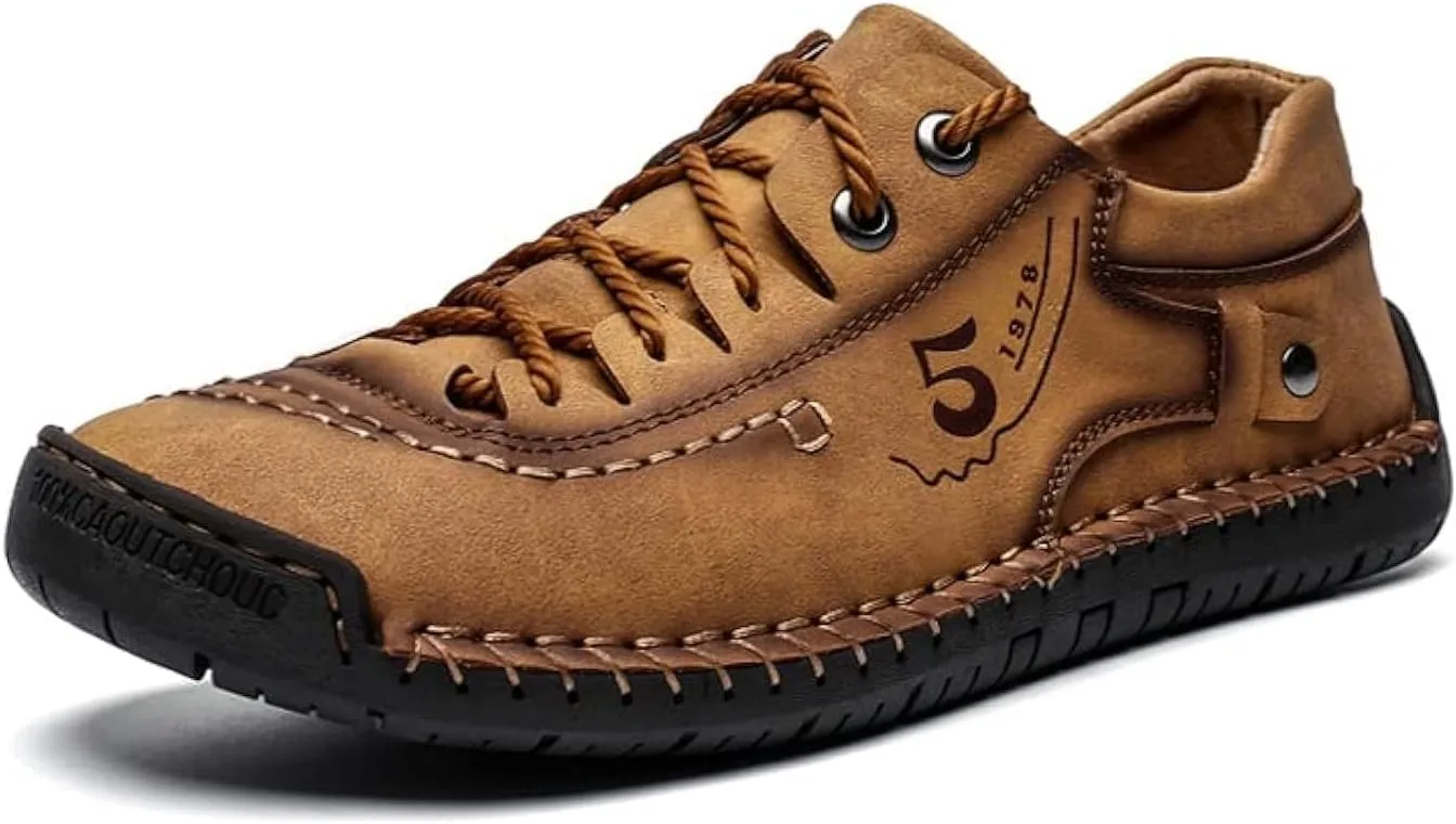 Men’s Leather Casual Shoes Slip On Loafers Slipper Handmade Stitching Outdoor Mens Lace Up Loafers Shoes Walking Driving Shoes Abrasion Resistance