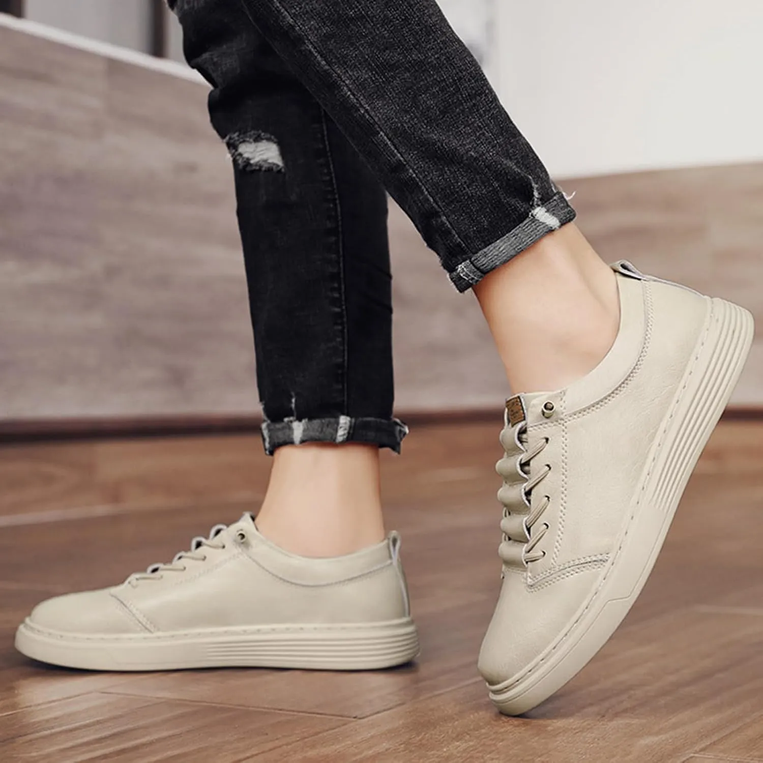 Men's Leather Fashion Sneakers Low Top Lace Up Round-Toe Waterproof Casual Sneake Retro Comfortable Business Oxford Dress Shoes