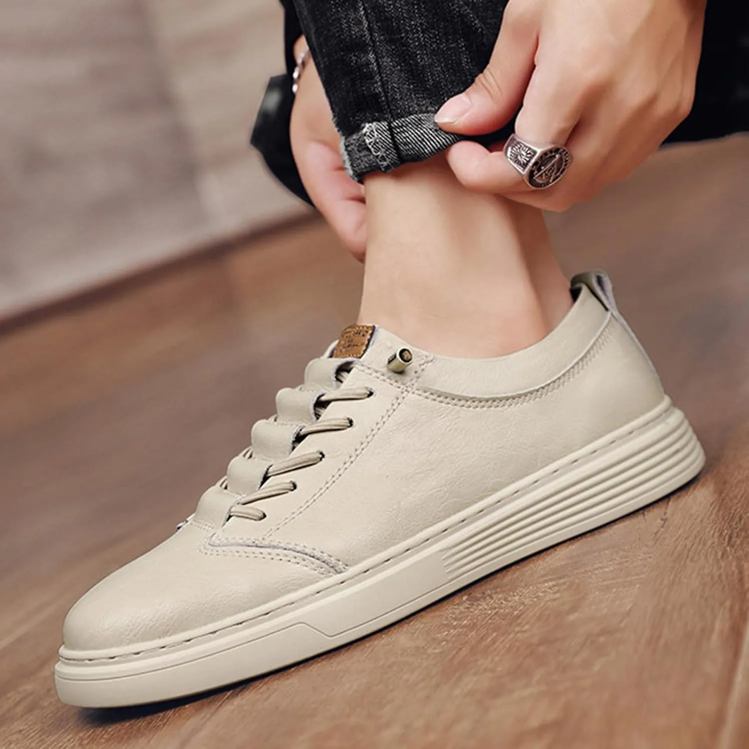 Men's Leather Fashion Sneakers Low Top Lace Up Round-Toe Waterproof Casual Sneake Retro Comfortable Business Oxford Dress Shoes