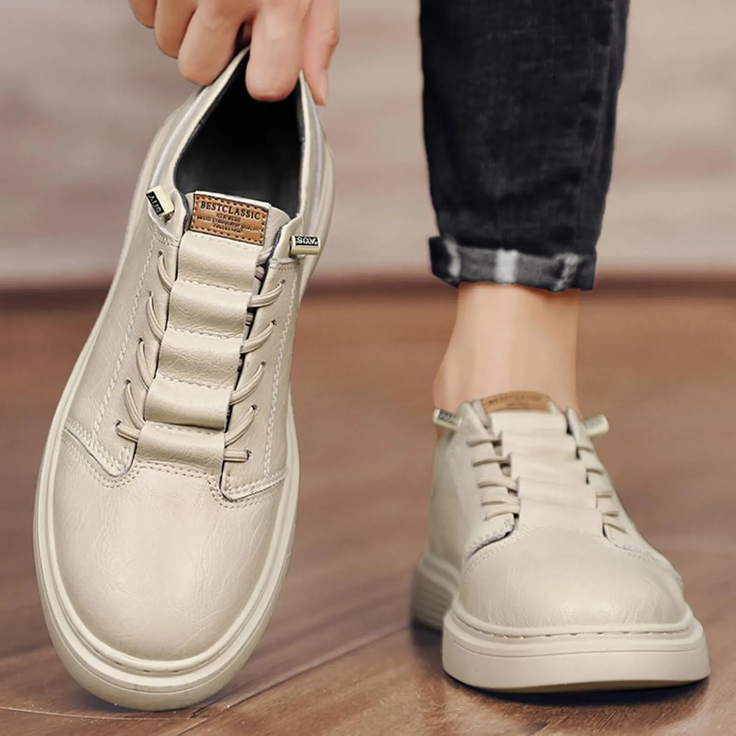 Men's Leather Fashion Sneakers Low Top Lace Up Round-Toe Waterproof Casual Sneake Retro Comfortable Business Oxford Dress Shoes