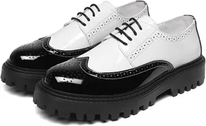 Men's Leather Lace up Platform Brogue Formal Oxford Shoes,Retro Lace up Color Matching Perforation Comfortable Round Toe Outdoor Party Wedding Night Club Height Increasing Loafers