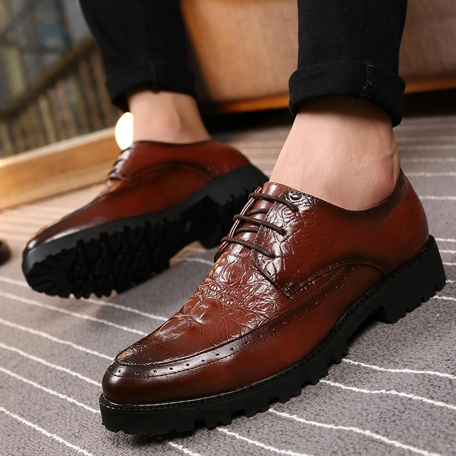 Men's Leather Lace-up Platform Casual Dressy Oxfords,Fashion Round Toe Brogue Business Formal Shoes for Party Wedding Driving Walking Shoes