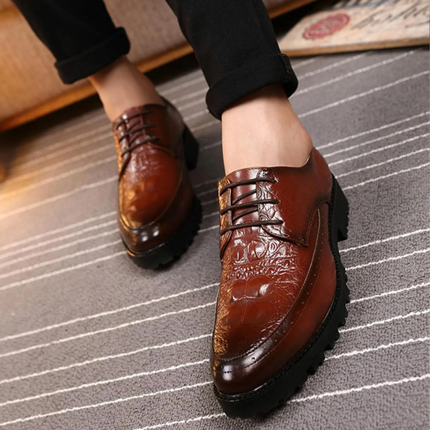 Men's Leather Lace-up Platform Casual Dressy Oxfords,Fashion Round Toe Brogue Business Formal Shoes for Party Wedding Driving Walking Shoes