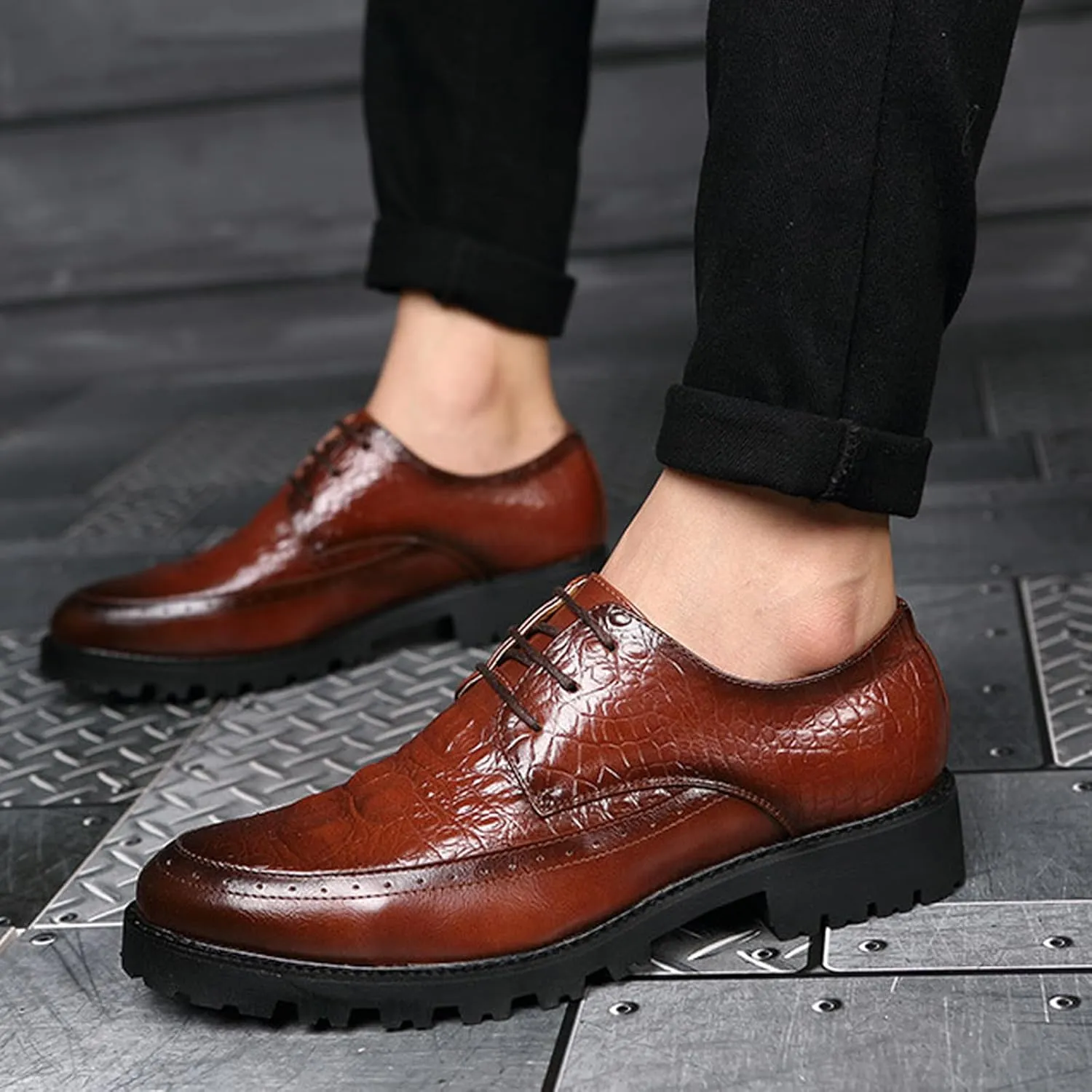 Men's Leather Lace-up Platform Casual Dressy Oxfords,Fashion Round Toe Brogue Business Formal Shoes for Party Wedding Driving Walking Shoes