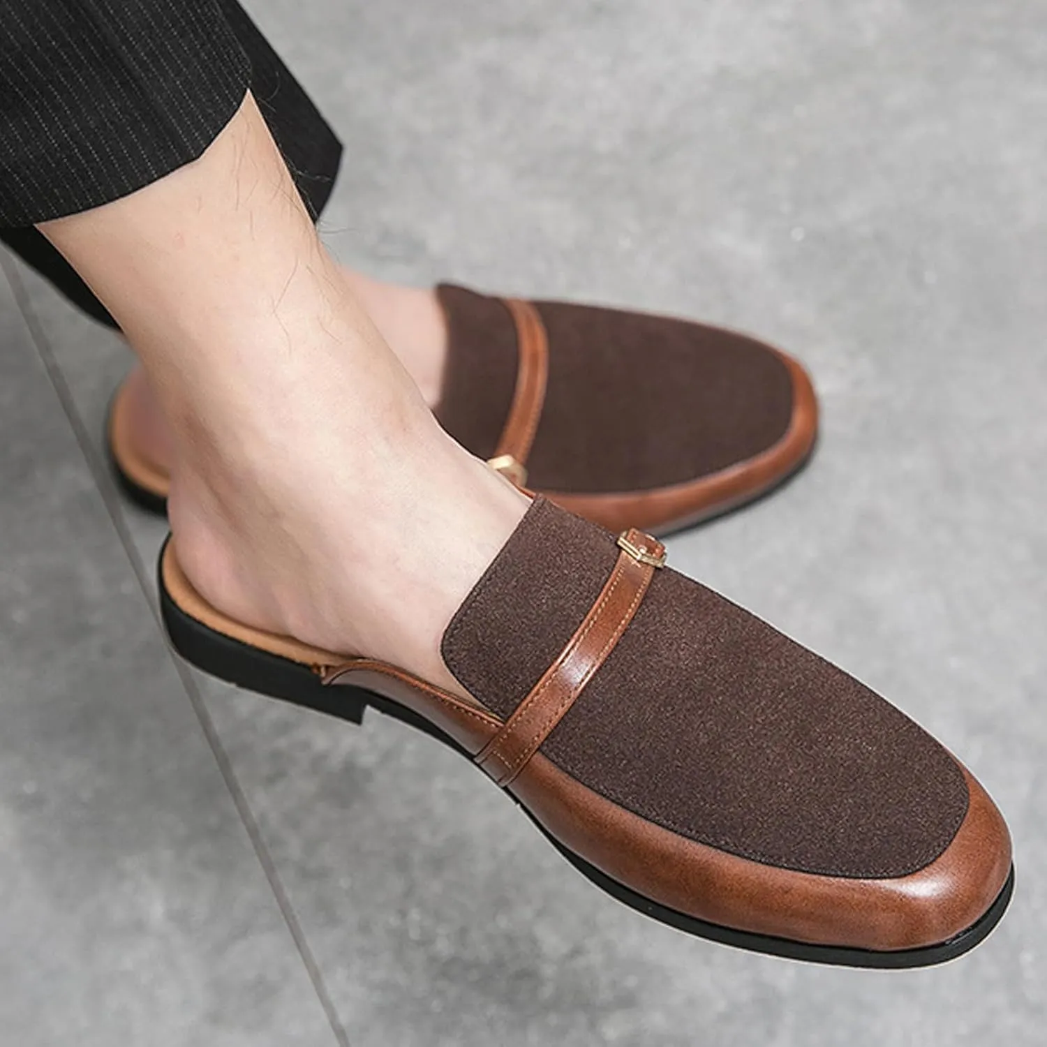 Men's Leather Metal Buckle Low Heel Formal Mules Retro Round Toe Suede Stitching Comfortable Non-Slip Flat Slingback Business Work Formal Half Slippers