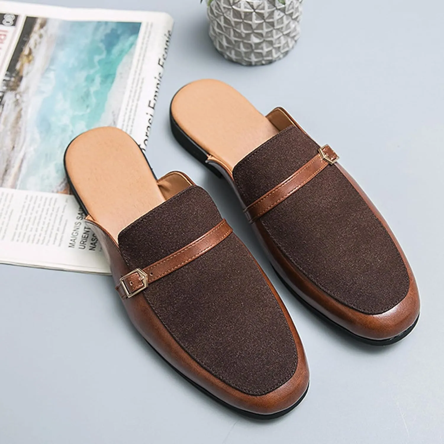 Men's Leather Metal Buckle Low Heel Formal Mules Retro Round Toe Suede Stitching Comfortable Non-Slip Flat Slingback Business Work Formal Half Slippers