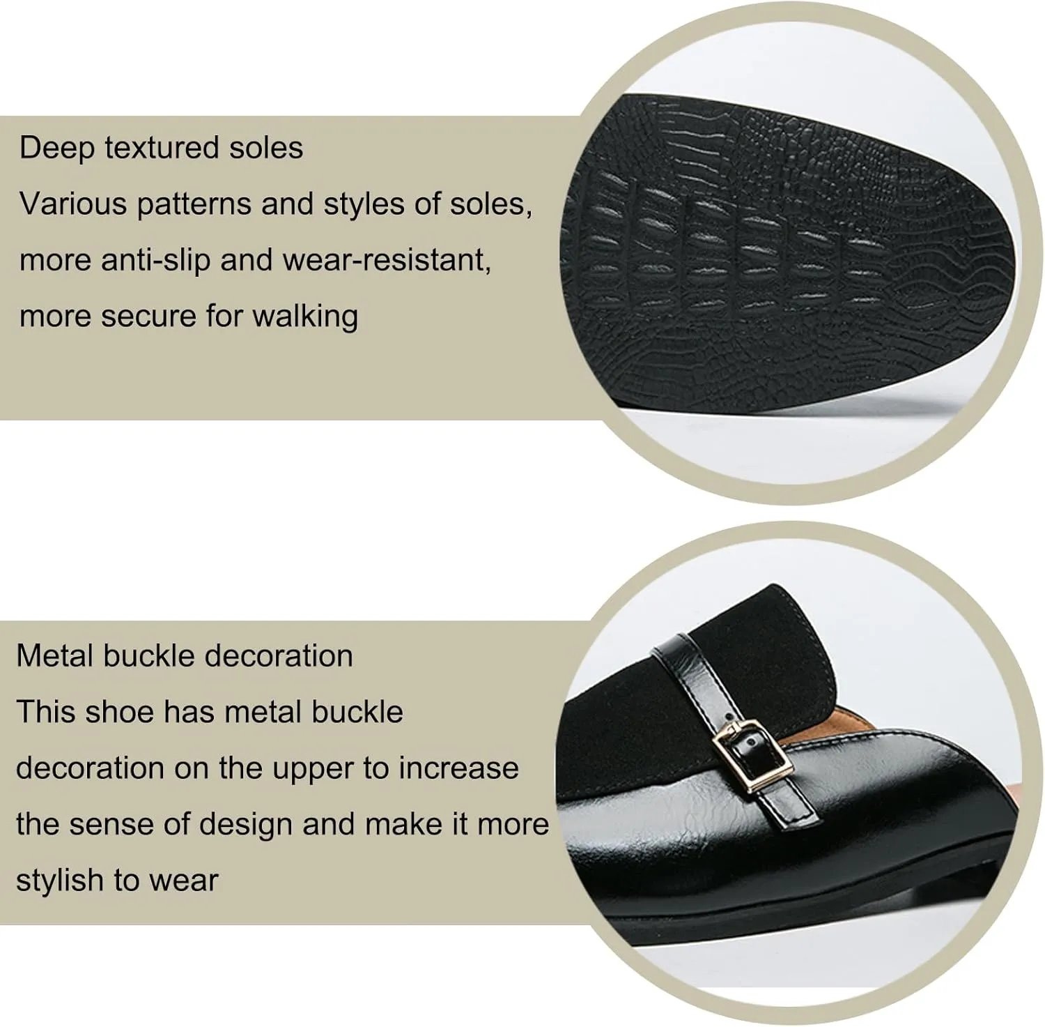 Men's Leather Metal Buckle Low Heel Formal Mules Retro Round Toe Suede Stitching Comfortable Non-Slip Flat Slingback Business Work Formal Half Slippers