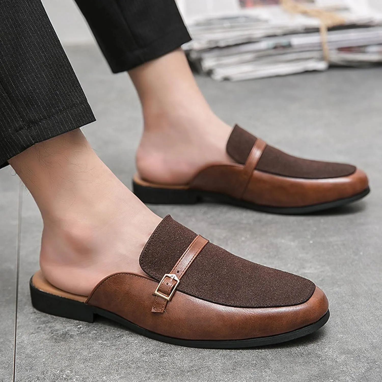 Men's Leather Metal Buckle Low Heel Formal Mules Retro Round Toe Suede Stitching Comfortable Non-Slip Flat Slingback Business Work Formal Half Slippers