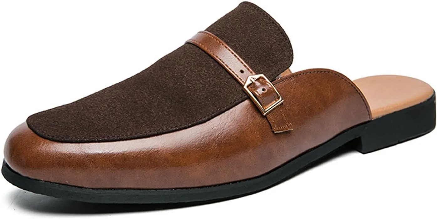 Men's Leather Metal Buckle Low Heel Formal Mules Retro Round Toe Suede Stitching Comfortable Non-Slip Flat Slingback Business Work Formal Half Slippers