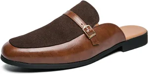 Men's Leather Metal Buckle Low Heel Formal Mules Retro Round Toe Suede Stitching Comfortable Non-Slip Flat Slingback Business Work Formal Half Slippers