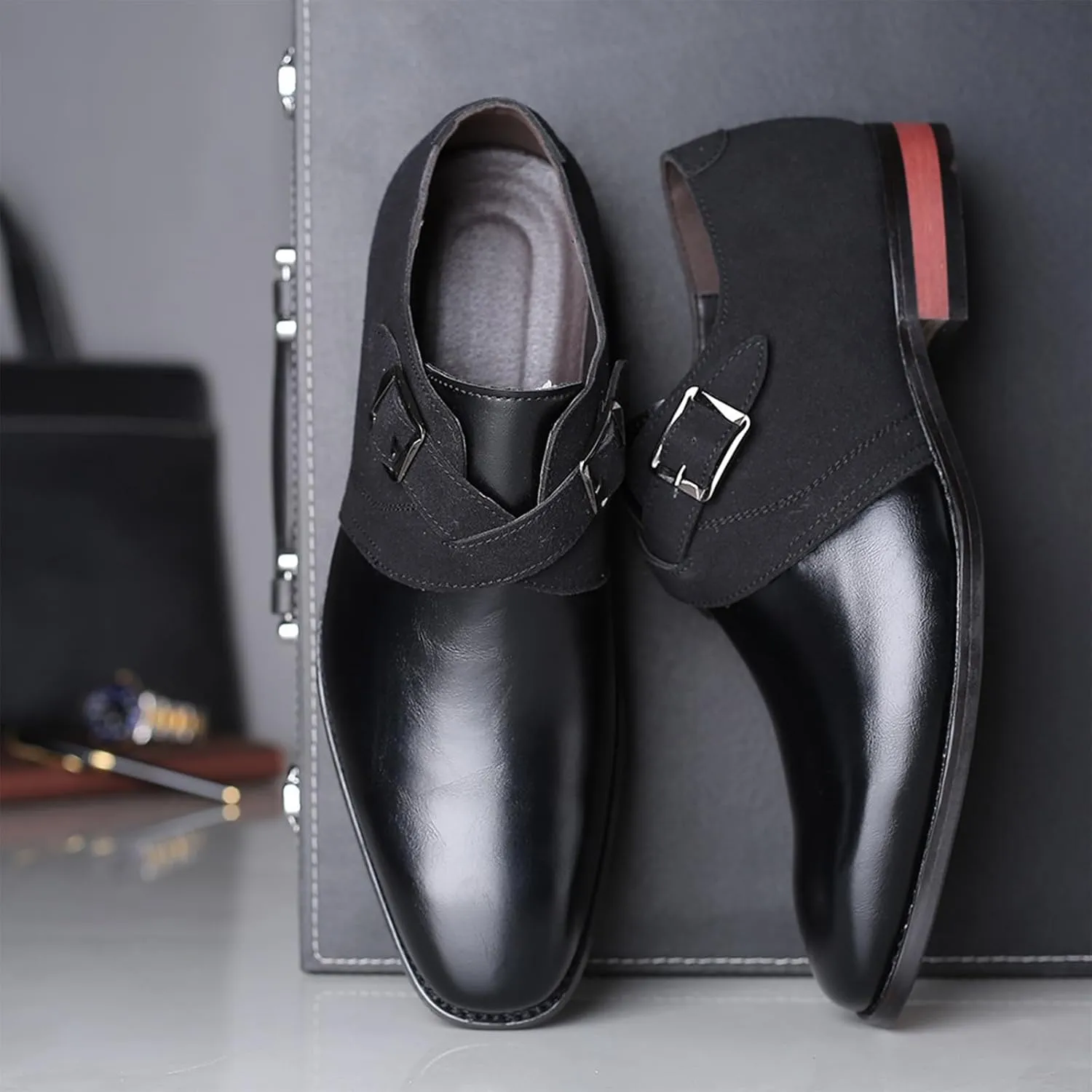 Men's Leather Oxford Dress Shoe Buckle Strap Low Top Walking Shoes Business Wedding Party Formal Shoes