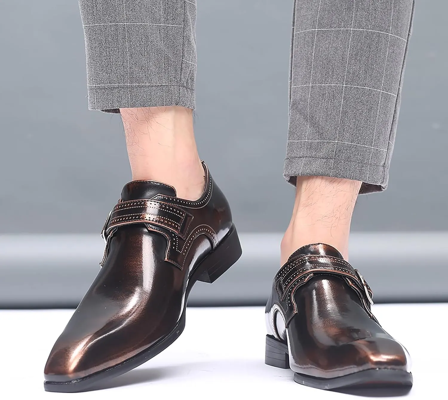 Men's Leather Pointed Toe Dress Shoes,Fashion English Style Adjustable Metal Buckle Hook & Loop Decorate Slip On Block Heel Formal Business Wedding Oxford Shoes Loafer