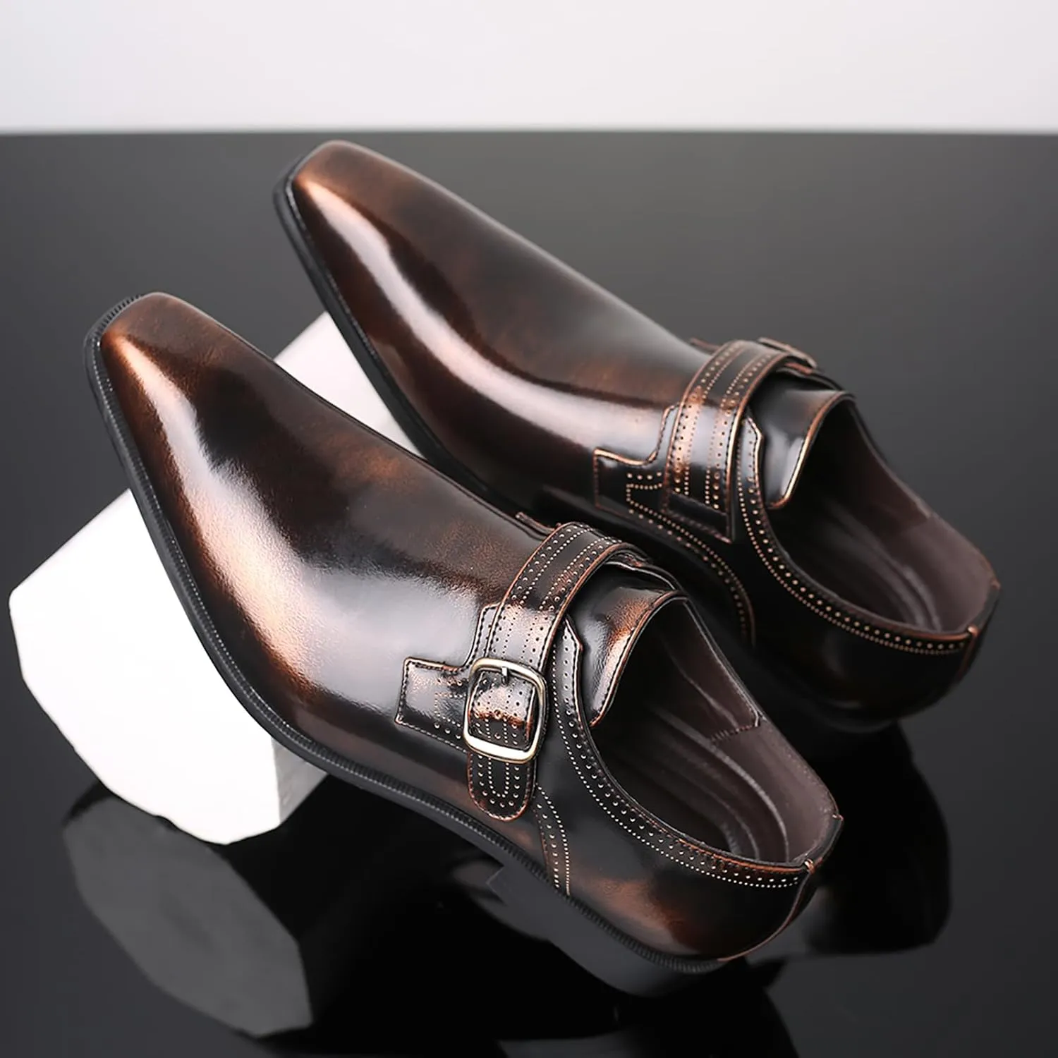 Men's Leather Pointed Toe Dress Shoes,Fashion English Style Adjustable Metal Buckle Hook & Loop Decorate Slip On Block Heel Formal Business Wedding Oxford Shoes Loafer