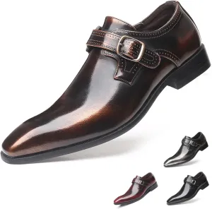 Men's Leather Pointed Toe Dress Shoes,Fashion English Style Adjustable Metal Buckle Hook & Loop Decorate Slip On Block Heel Formal Business Wedding Oxford Shoes Loafer