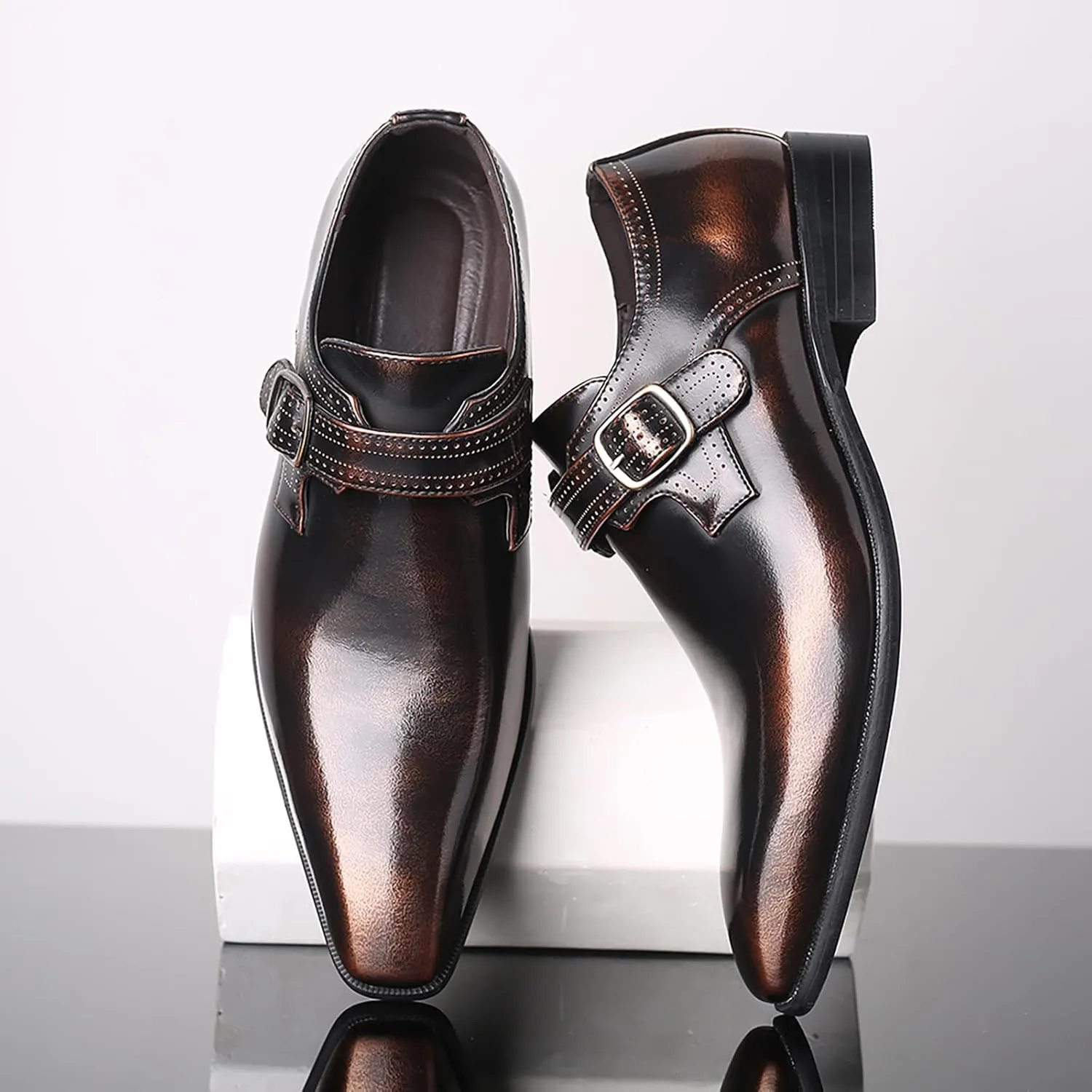 Men's Leather Pointed Toe Dress Shoes,Fashion English Style Adjustable Metal Buckle Hook & Loop Decorate Slip On Block Heel Formal Business Wedding Oxford Shoes Loafer