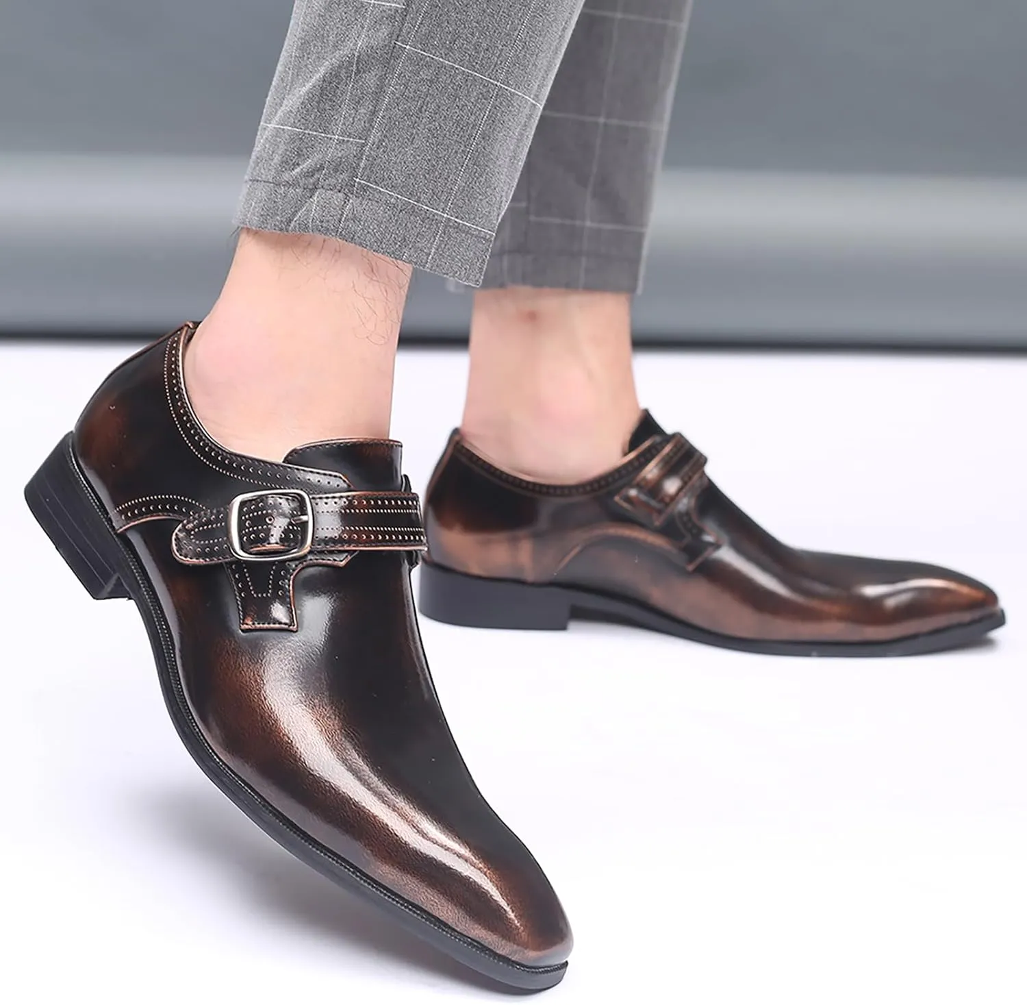 Men's Leather Pointed Toe Dress Shoes,Fashion English Style Adjustable Metal Buckle Hook & Loop Decorate Slip On Block Heel Formal Business Wedding Oxford Shoes Loafer