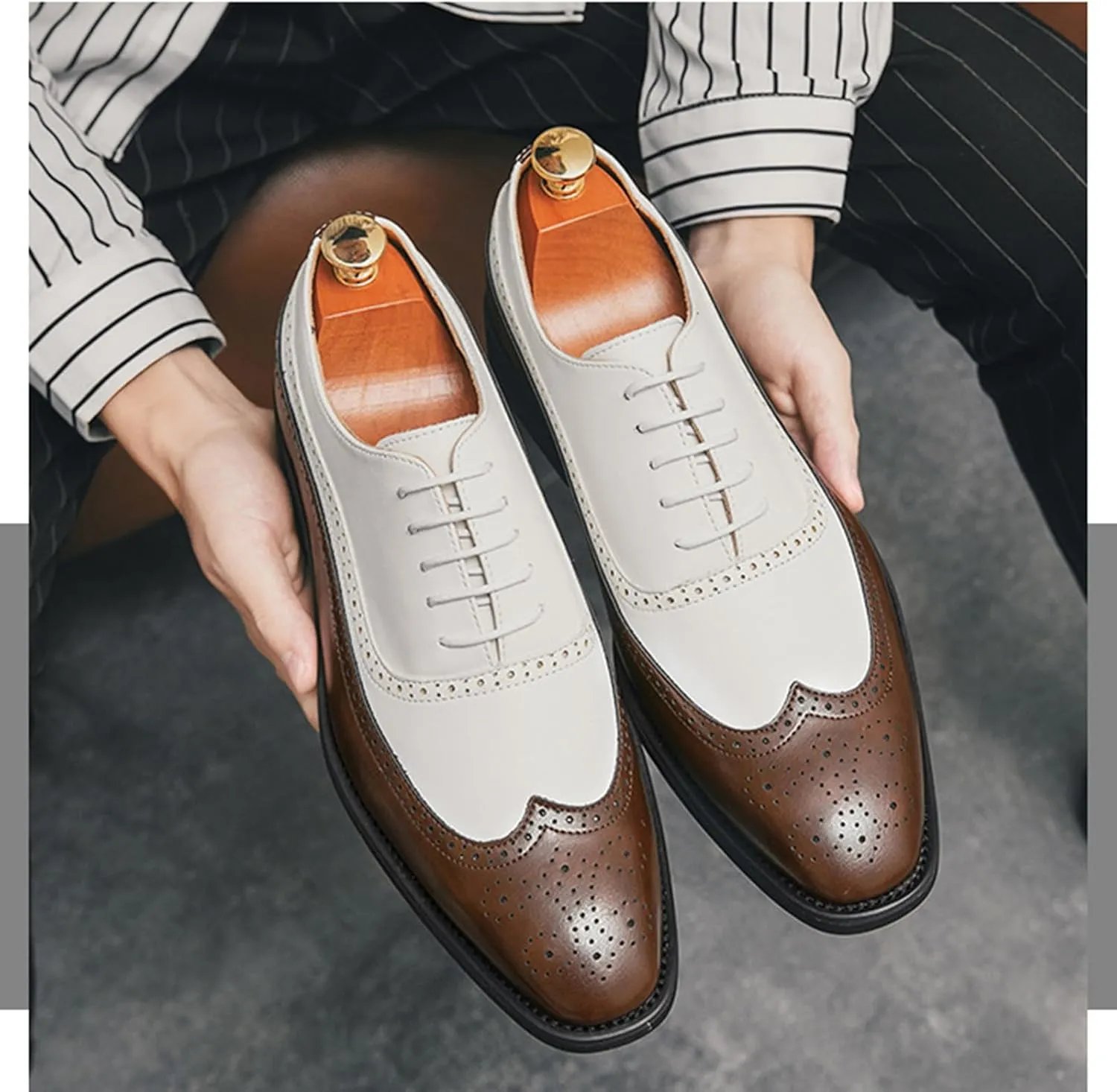 Men's Leather Wingtip Oxfords Dress Shoes, Classic lace-up Two-Tone Brogues Oxford Shoes, Fashionable high-end Formal Business Banquet Oxford Dress Shoes