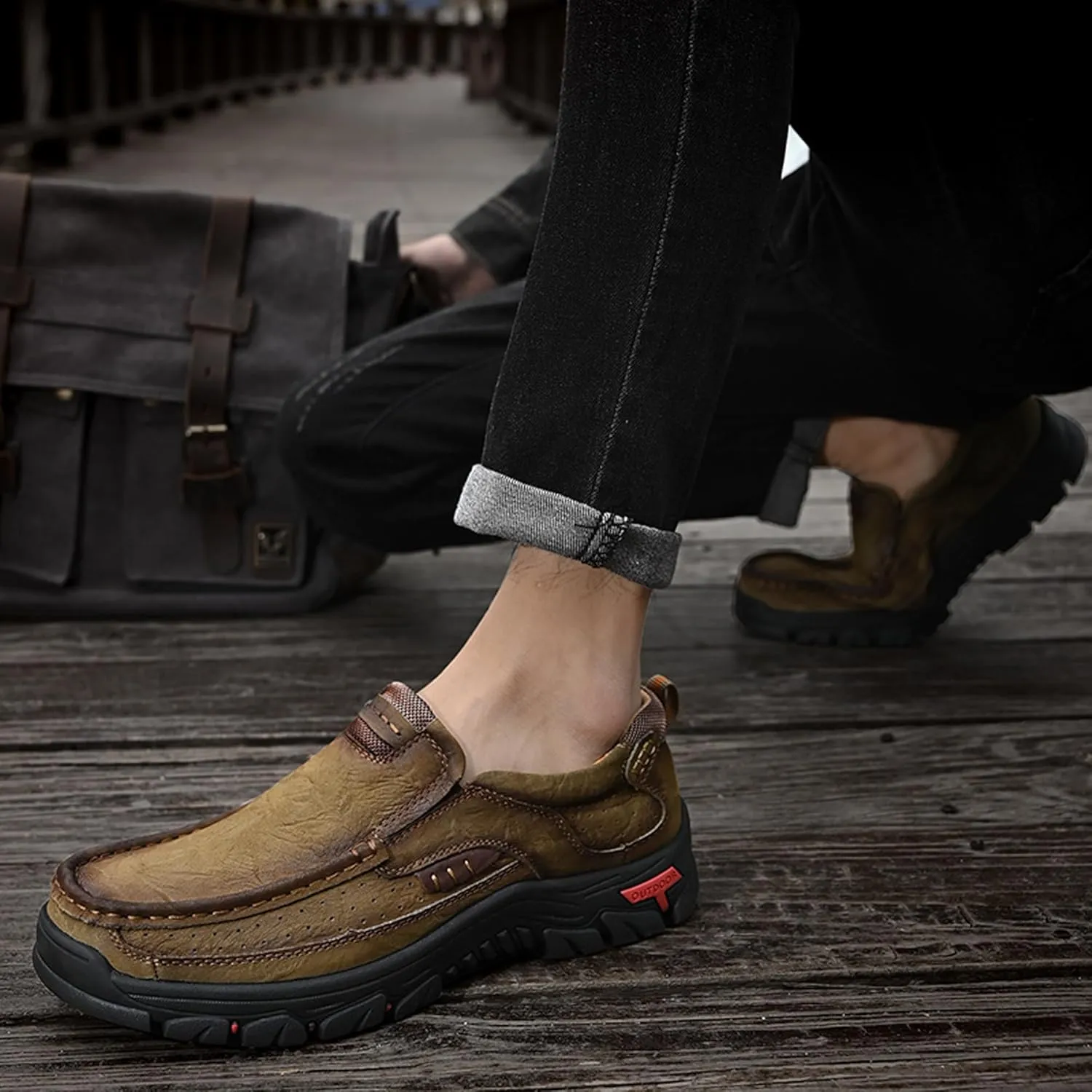 Men's Lightweight Wide Version Boat Shoes, Business and Office Casual Shoes, Comfortable Driving Casual Shoes Made of Cowhide, Black Penny Shoes, Outdoor Jogging Shoes