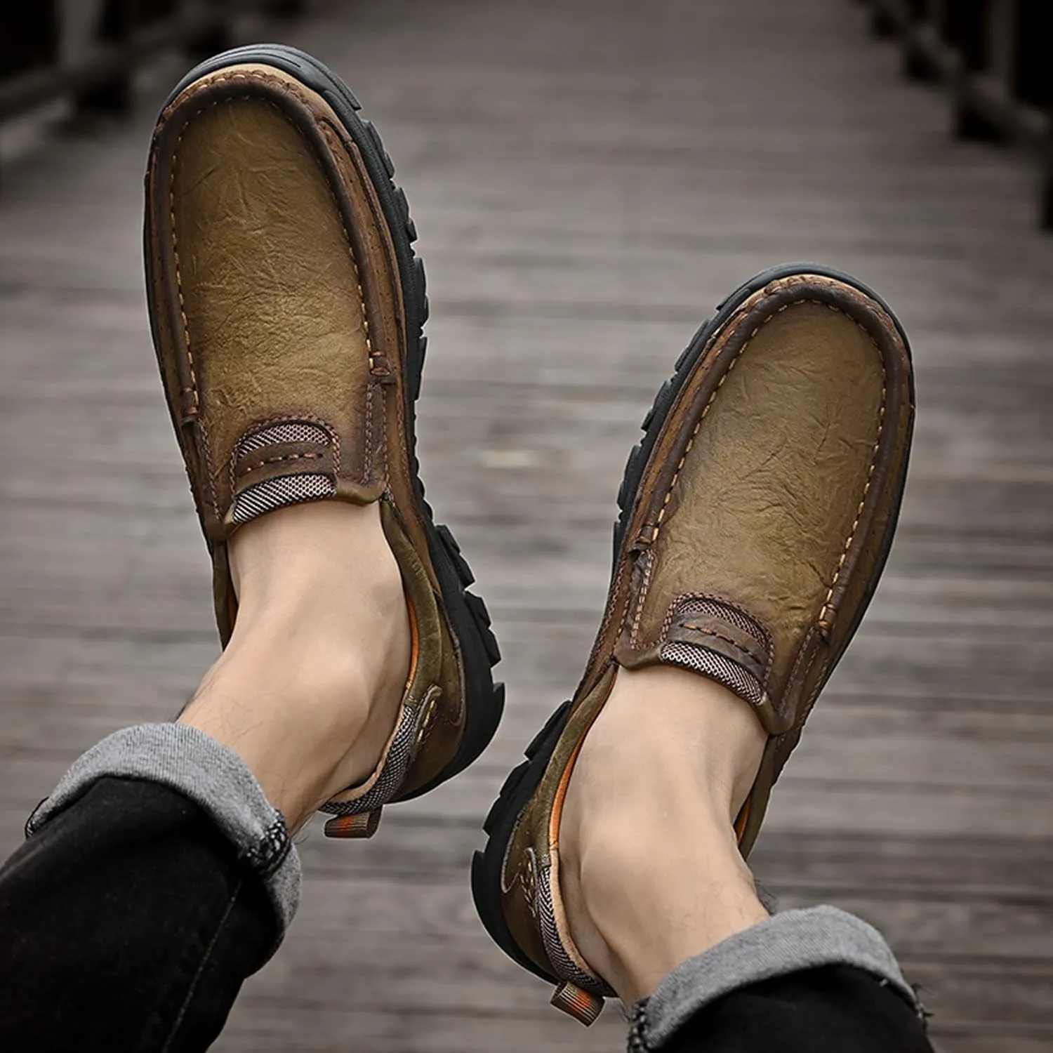 Men's Lightweight Wide Version Boat Shoes, Business and Office Casual Shoes, Comfortable Driving Casual Shoes Made of Cowhide, Black Penny Shoes, Outdoor Jogging Shoes