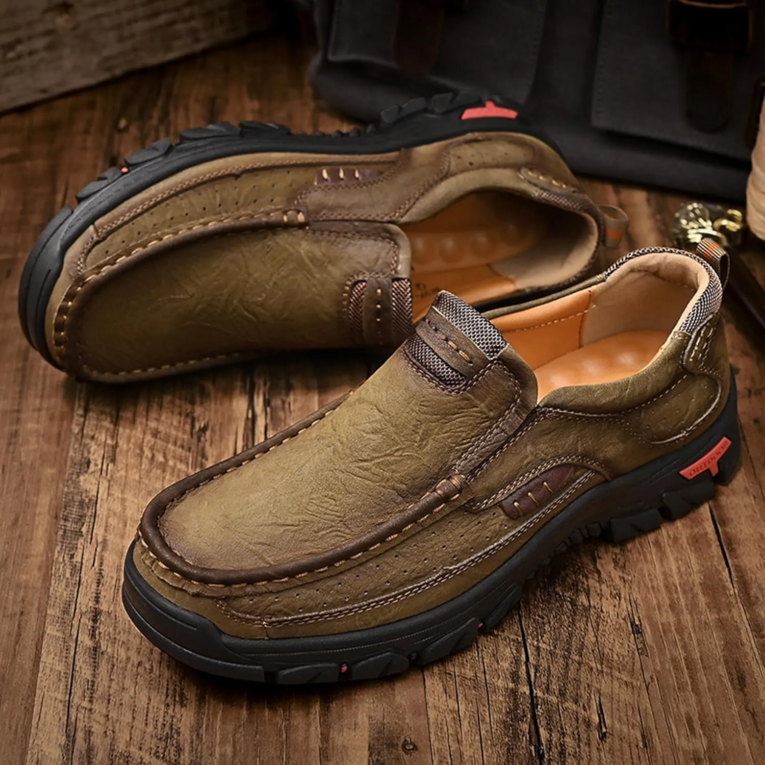 Men's Lightweight Wide Version Boat Shoes, Business and Office Casual Shoes, Comfortable Driving Casual Shoes Made of Cowhide, Black Penny Shoes, Outdoor Jogging Shoes