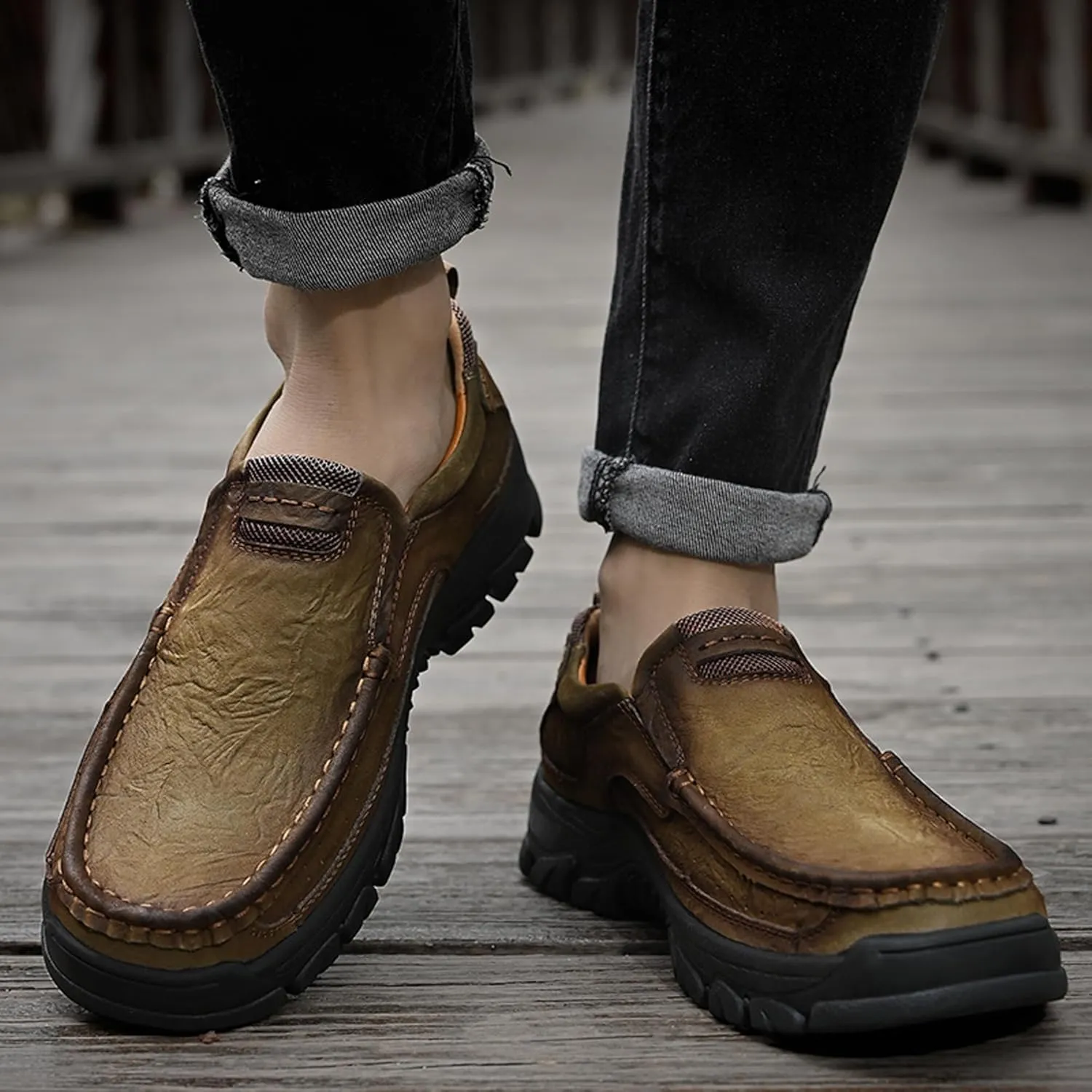 Men's Lightweight Wide Version Boat Shoes, Business and Office Casual Shoes, Comfortable Driving Casual Shoes Made of Cowhide, Black Penny Shoes, Outdoor Jogging Shoes