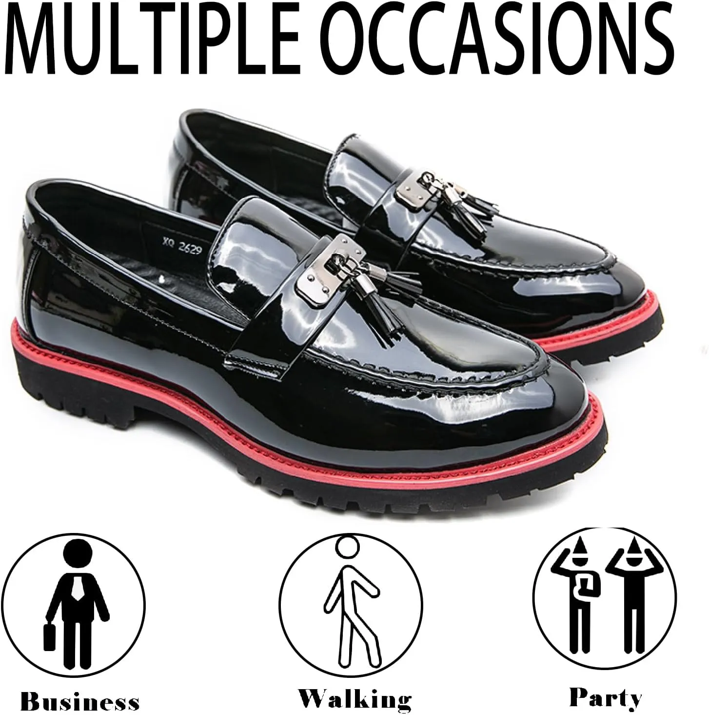 Men's Patent Leather Chain Decor Loafers Lug Sole Non-Slip Platform Tassel Dress Shoes Comfort Pointed Toe Slip-on Block Heel Oxfords for Business Driving Office Walking