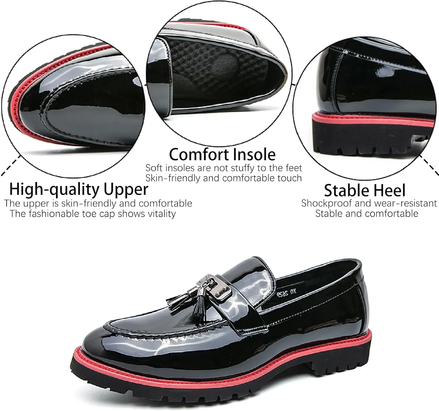 Men's Patent Leather Chain Decor Loafers Lug Sole Non-Slip Platform Tassel Dress Shoes Comfort Pointed Toe Slip-on Block Heel Oxfords for Business Driving Office Walking