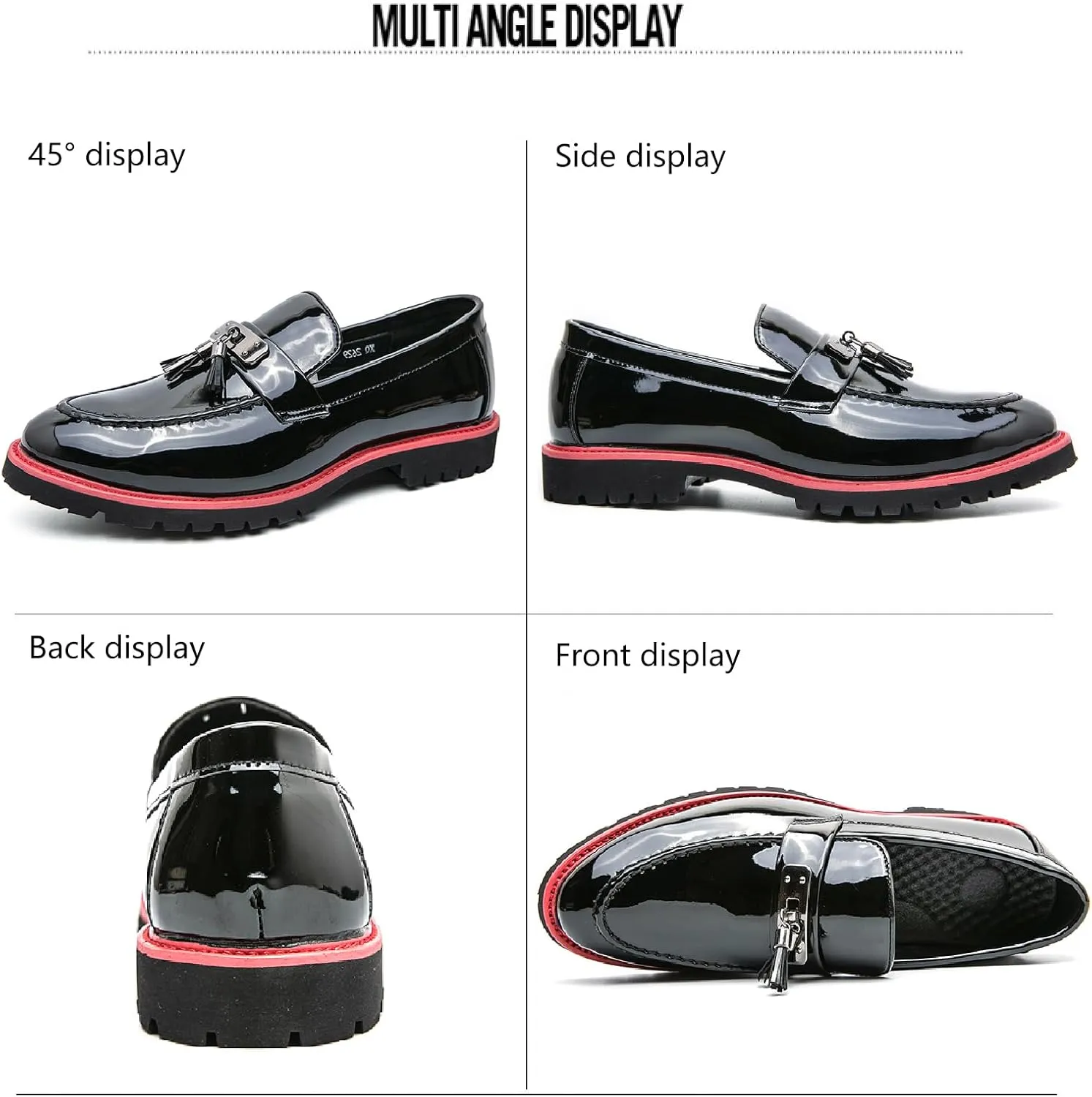 Men's Patent Leather Chain Decor Loafers Lug Sole Non-Slip Platform Tassel Dress Shoes Comfort Pointed Toe Slip-on Block Heel Oxfords for Business Driving Office Walking