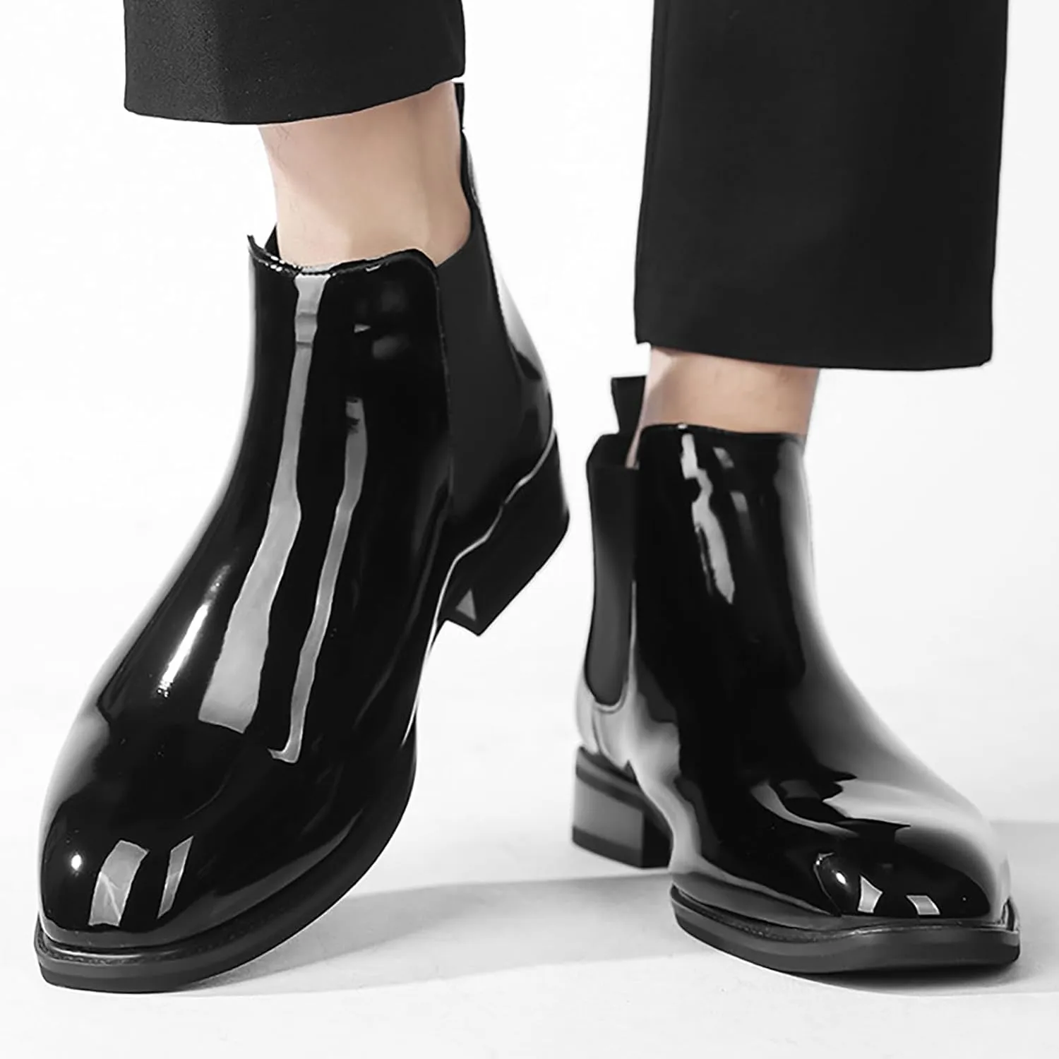 Men'S Patent Leather Chelsea Dress Boots Fashion Leather Waterproof Low Heel Elastic Band Slip On Ankle Boots Casual Business Formal Wedding Party Oxford Booties
