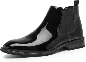 Men'S Patent Leather Chelsea Dress Boots Fashion Leather Waterproof Low Heel Elastic Band Slip On Ankle Boots Casual Business Formal Wedding Party Oxford Booties
