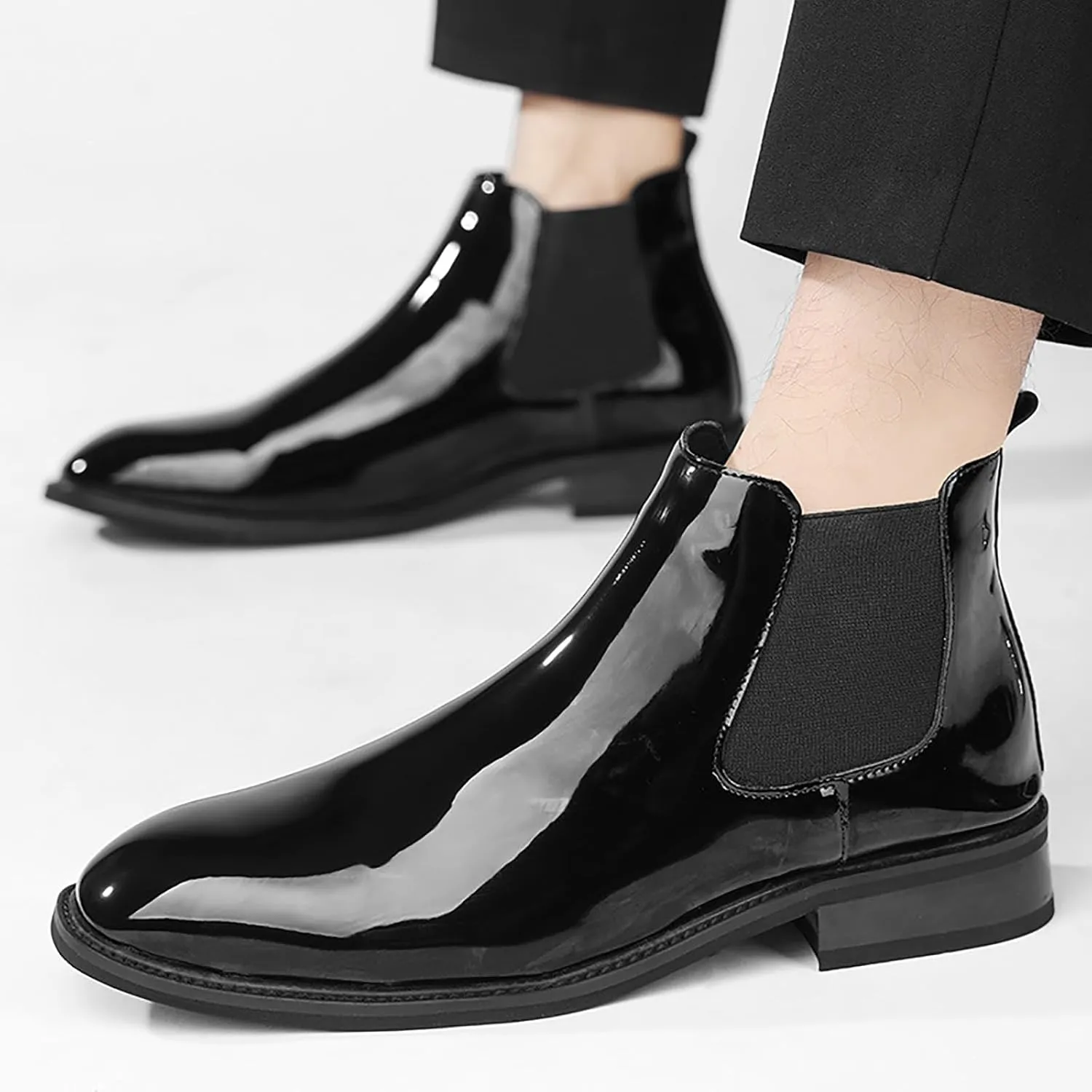 Men'S Patent Leather Chelsea Dress Boots Fashion Leather Waterproof Low Heel Elastic Band Slip On Ankle Boots Casual Business Formal Wedding Party Oxford Booties