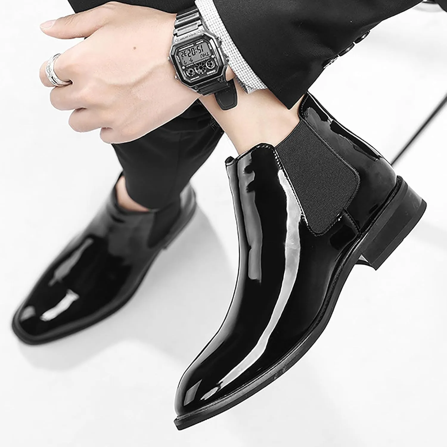 Men'S Patent Leather Chelsea Dress Boots Fashion Leather Waterproof Low Heel Elastic Band Slip On Ankle Boots Casual Business Formal Wedding Party Oxford Booties