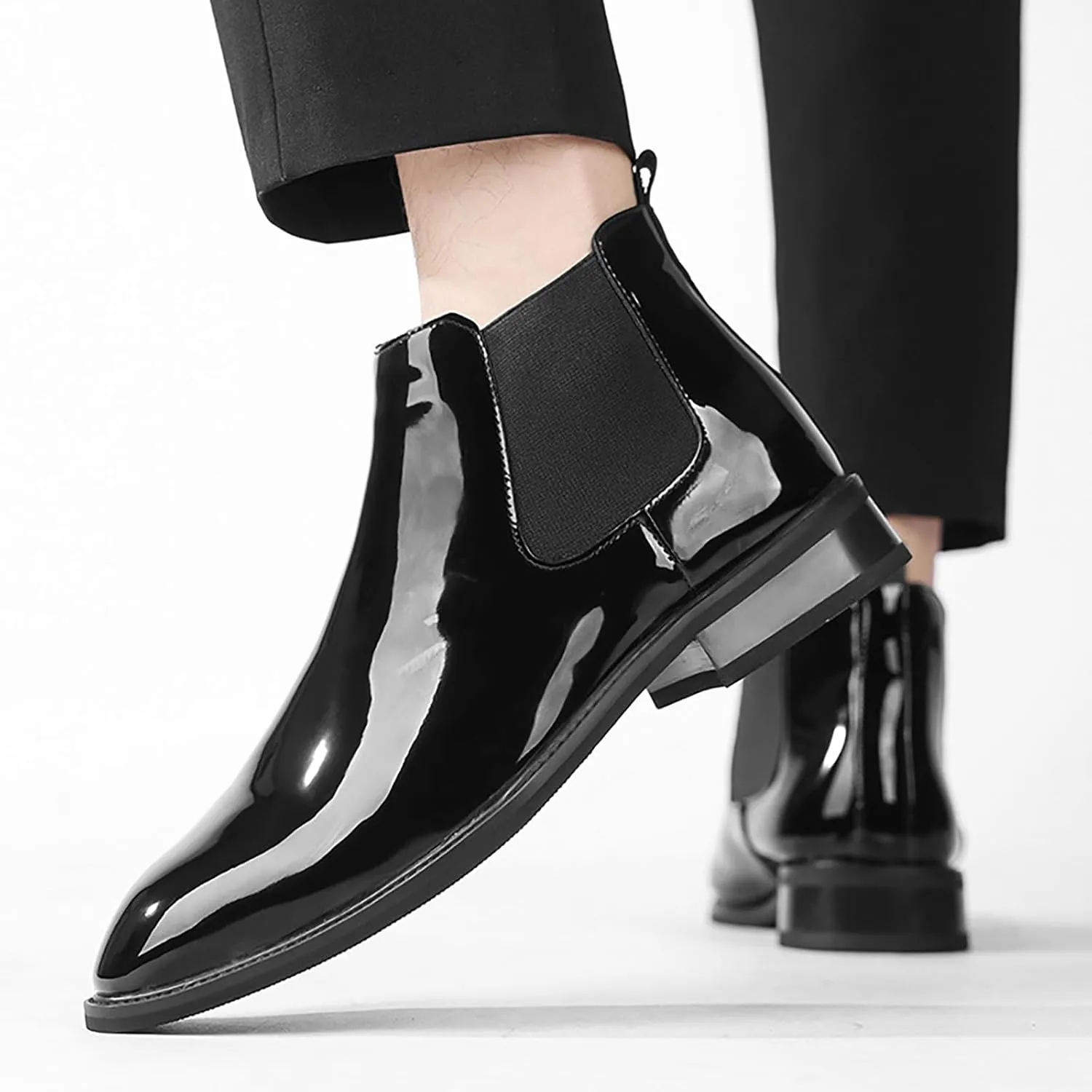 Men'S Patent Leather Chelsea Dress Boots Fashion Leather Waterproof Low Heel Elastic Band Slip On Ankle Boots Casual Business Formal Wedding Party Oxford Booties