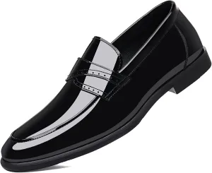 Men's Patent Leather Slip On Brogue Loafers Classic Pointed Toe Non Slip Tuxedo Dress Shoes for Party Wedding Business Formal Casual Occasions