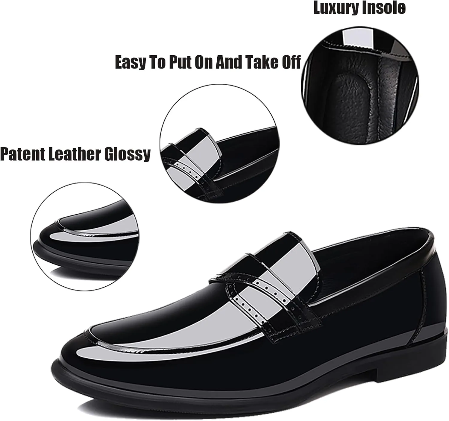 Men's Patent Leather Slip On Brogue Loafers Classic Pointed Toe Non Slip Tuxedo Dress Shoes for Party Wedding Business Formal Casual Occasions