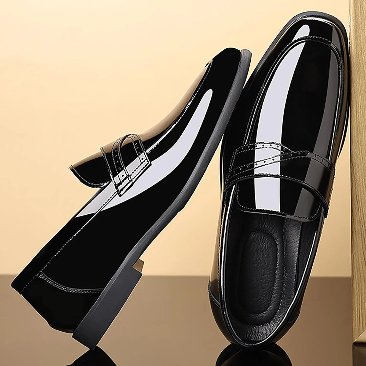 Men's Patent Leather Slip On Brogue Loafers Classic Pointed Toe Non Slip Tuxedo Dress Shoes for Party Wedding Business Formal Casual Occasions