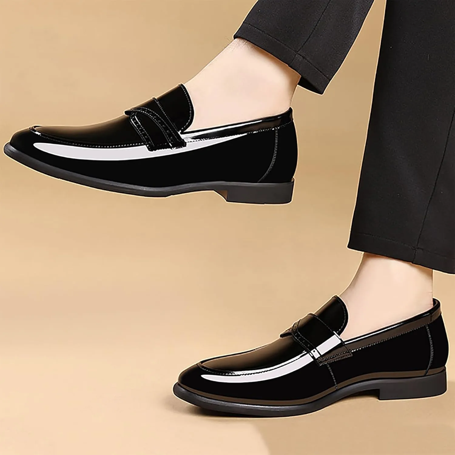 Men's Patent Leather Slip On Brogue Loafers Classic Pointed Toe Non Slip Tuxedo Dress Shoes for Party Wedding Business Formal Casual Occasions