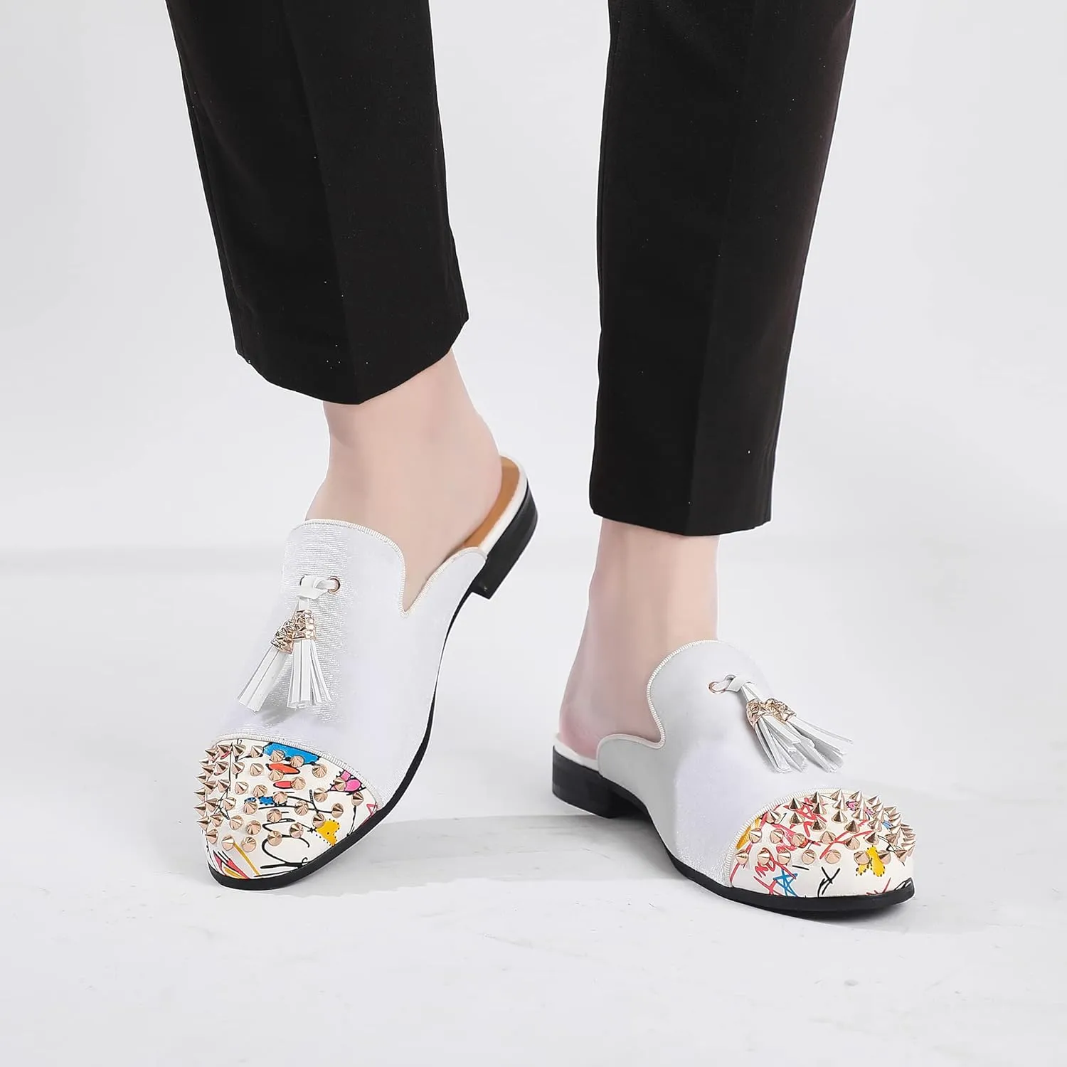 Men's Slip-on Mule Sandals Loafer with Gold Buckle,Fashion Leather Formal Wear Casual Backless Dress Slippers