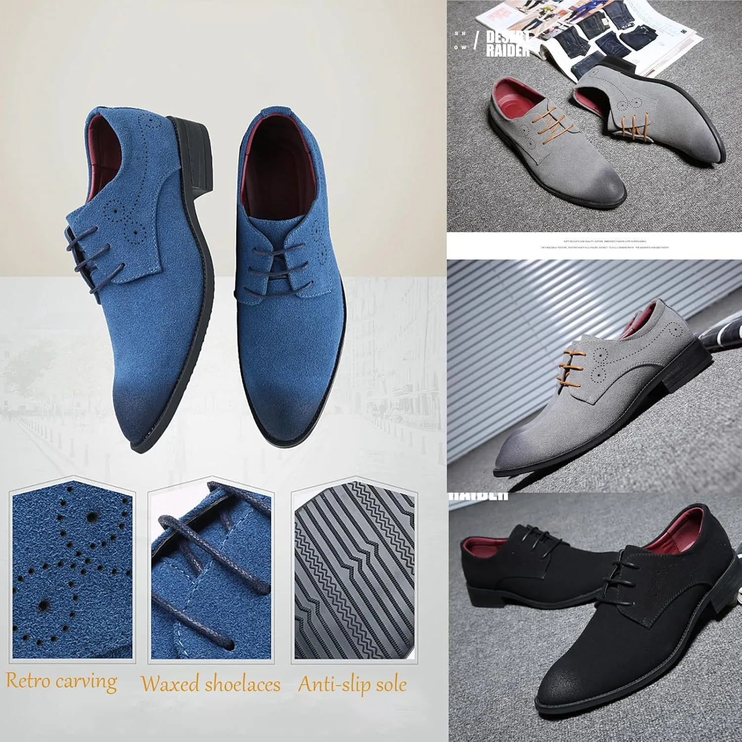 Men's Suede Lace Up Dress Oxford Shoes Classic Wingtip Rub Color Business Casual Brogues Shoes Fashionable Round Toe Formal Work Shoes