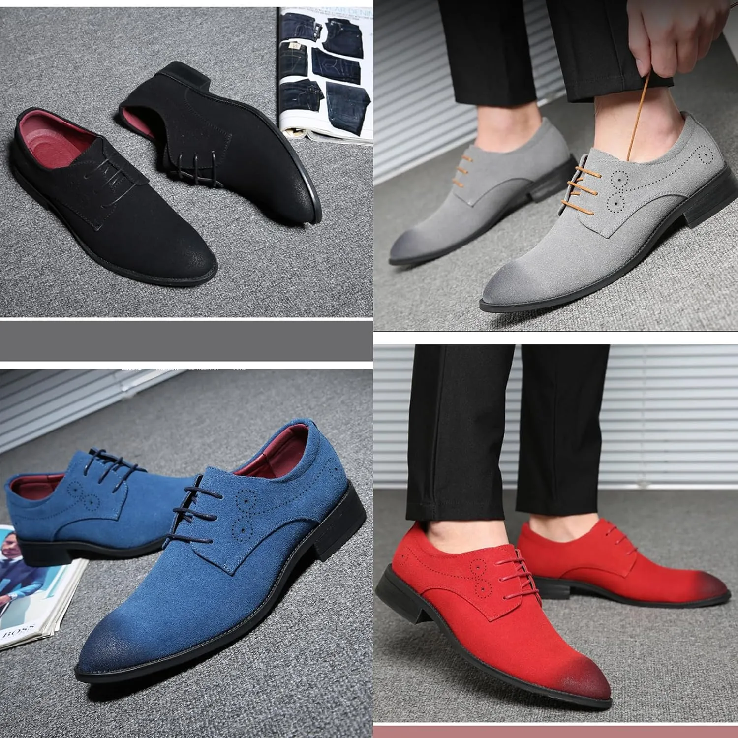 Men's Suede Lace Up Dress Oxford Shoes Classic Wingtip Rub Color Business Casual Brogues Shoes Fashionable Round Toe Formal Work Shoes