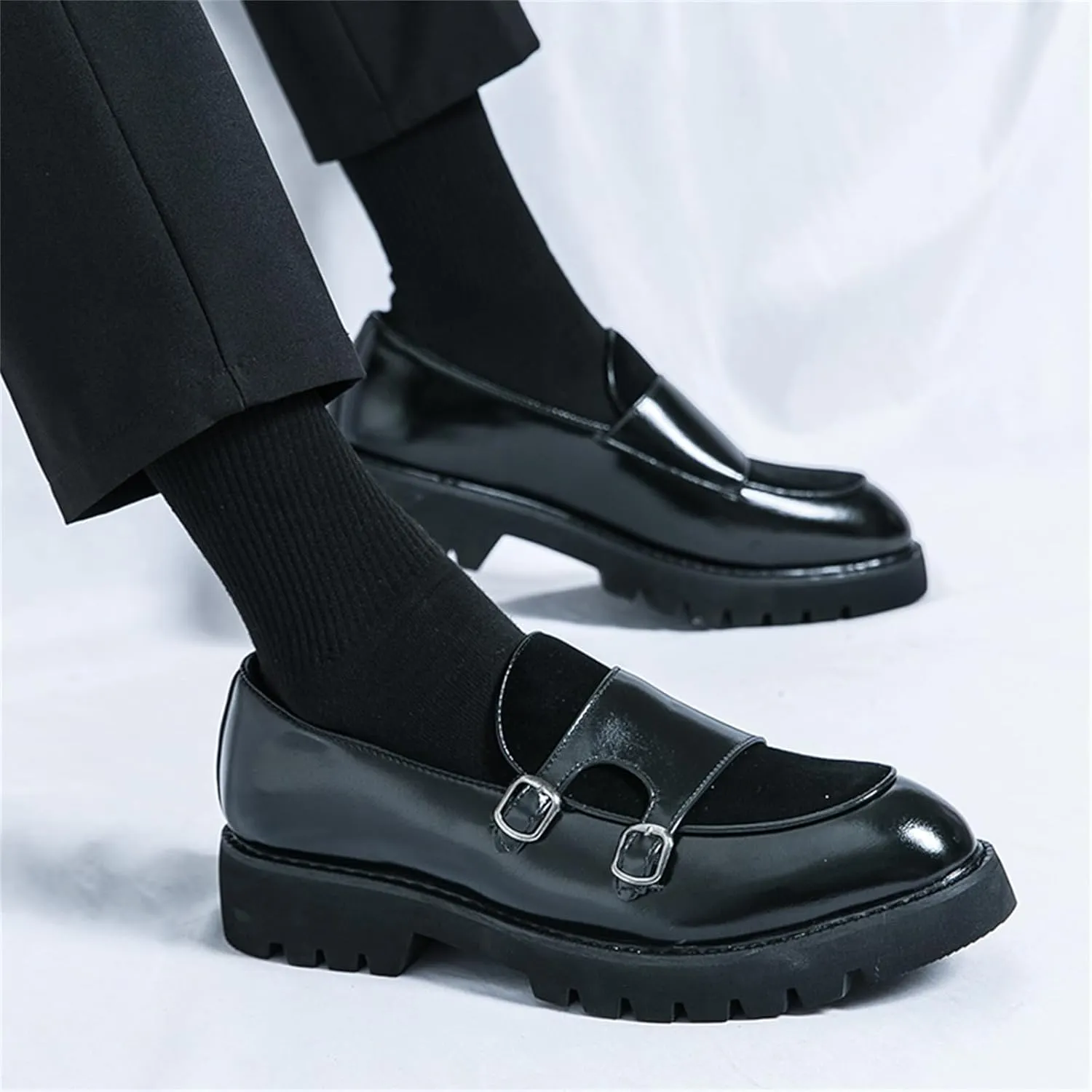 Men's Suede Platform Slip On Loafers with Double Monk Strap Retro Low Top Pointed Toe Dress Loafers for Formal Business Party Wedding