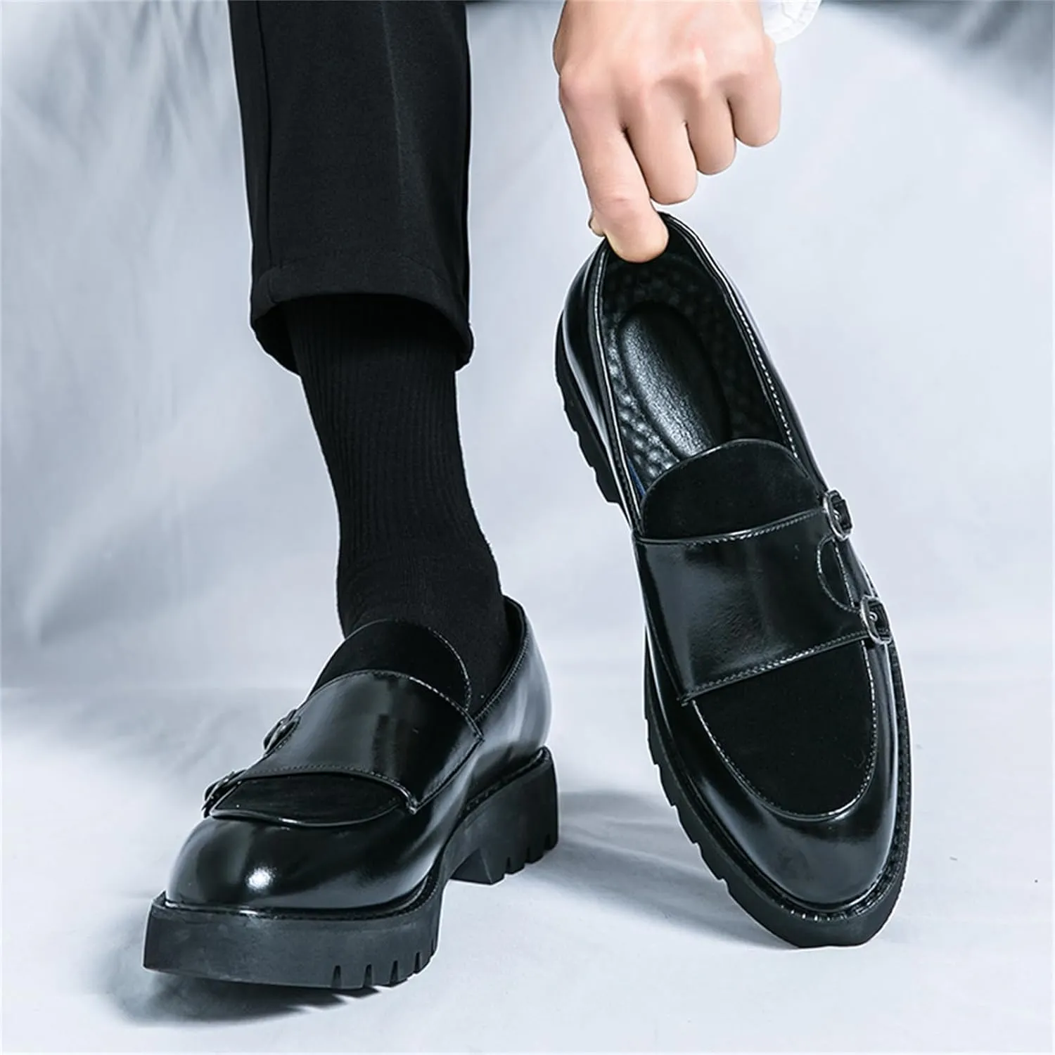 Men's Suede Platform Slip On Loafers with Double Monk Strap Retro Low Top Pointed Toe Dress Loafers for Formal Business Party Wedding