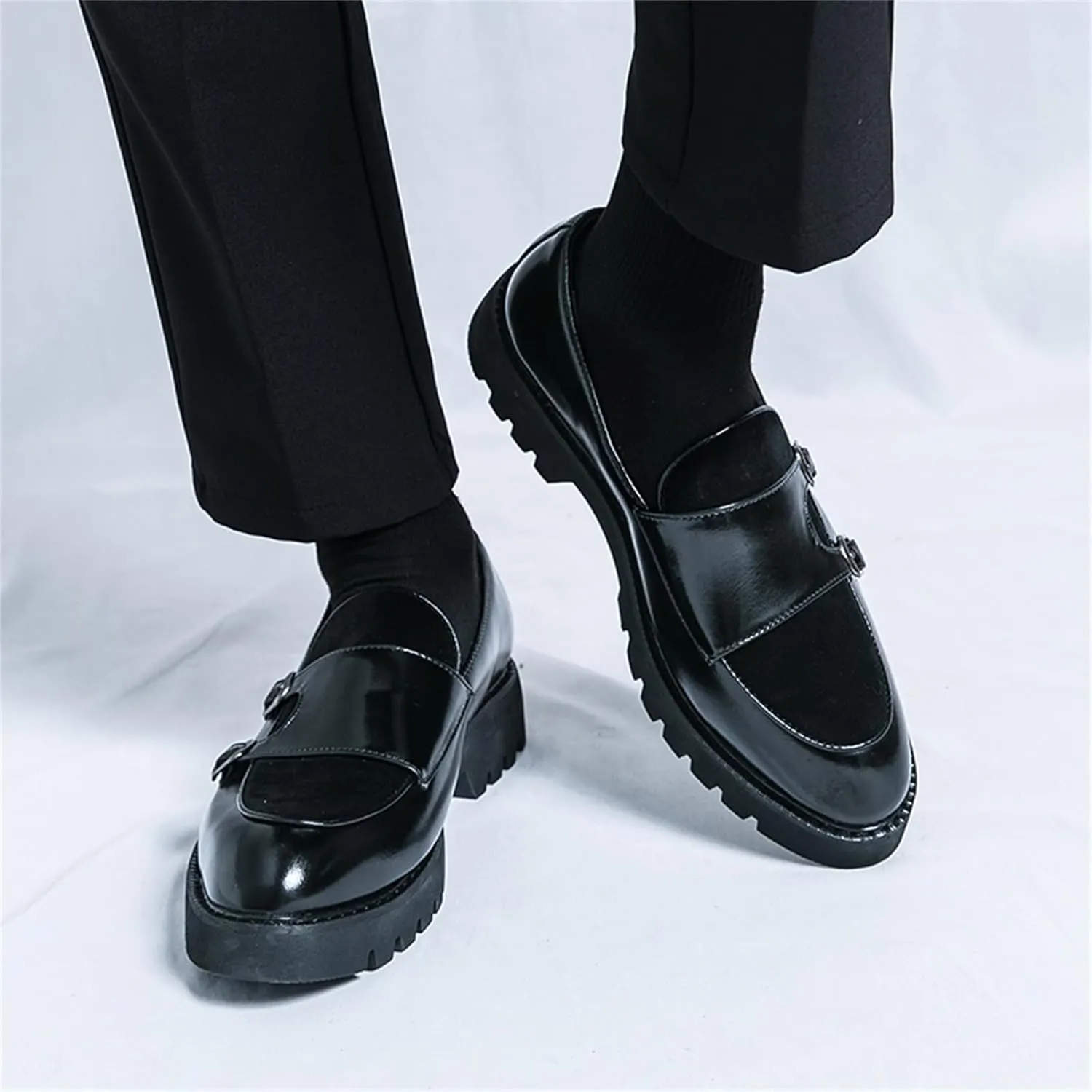 Men's Suede Platform Slip On Loafers with Double Monk Strap Retro Low Top Pointed Toe Dress Loafers for Formal Business Party Wedding