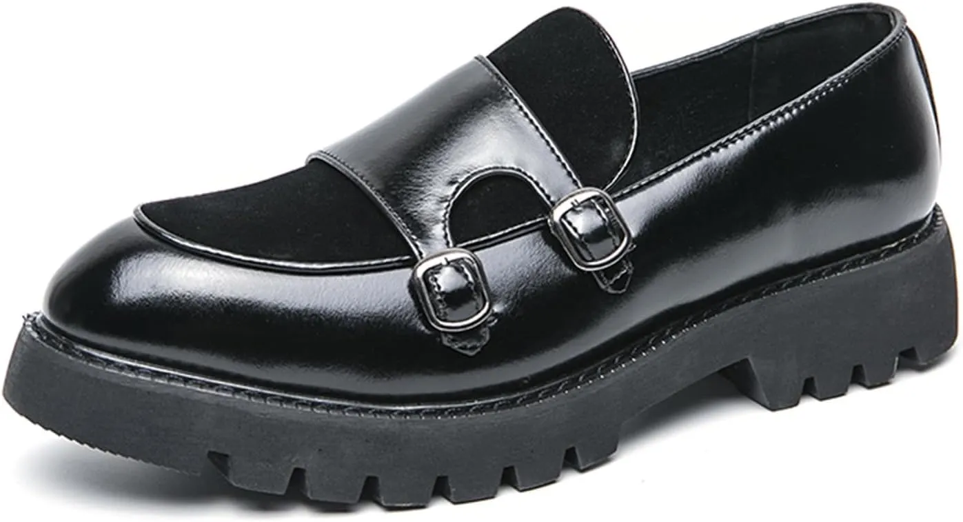 Men's Suede Platform Slip On Loafers with Double Monk Strap Retro Low Top Pointed Toe Dress Loafers for Formal Business Party Wedding