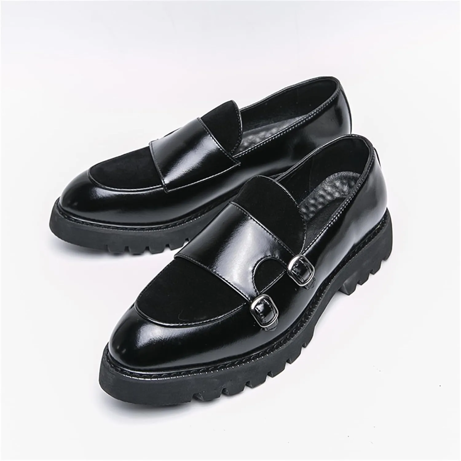 Men's Suede Platform Slip On Loafers with Double Monk Strap Retro Low Top Pointed Toe Dress Loafers for Formal Business Party Wedding